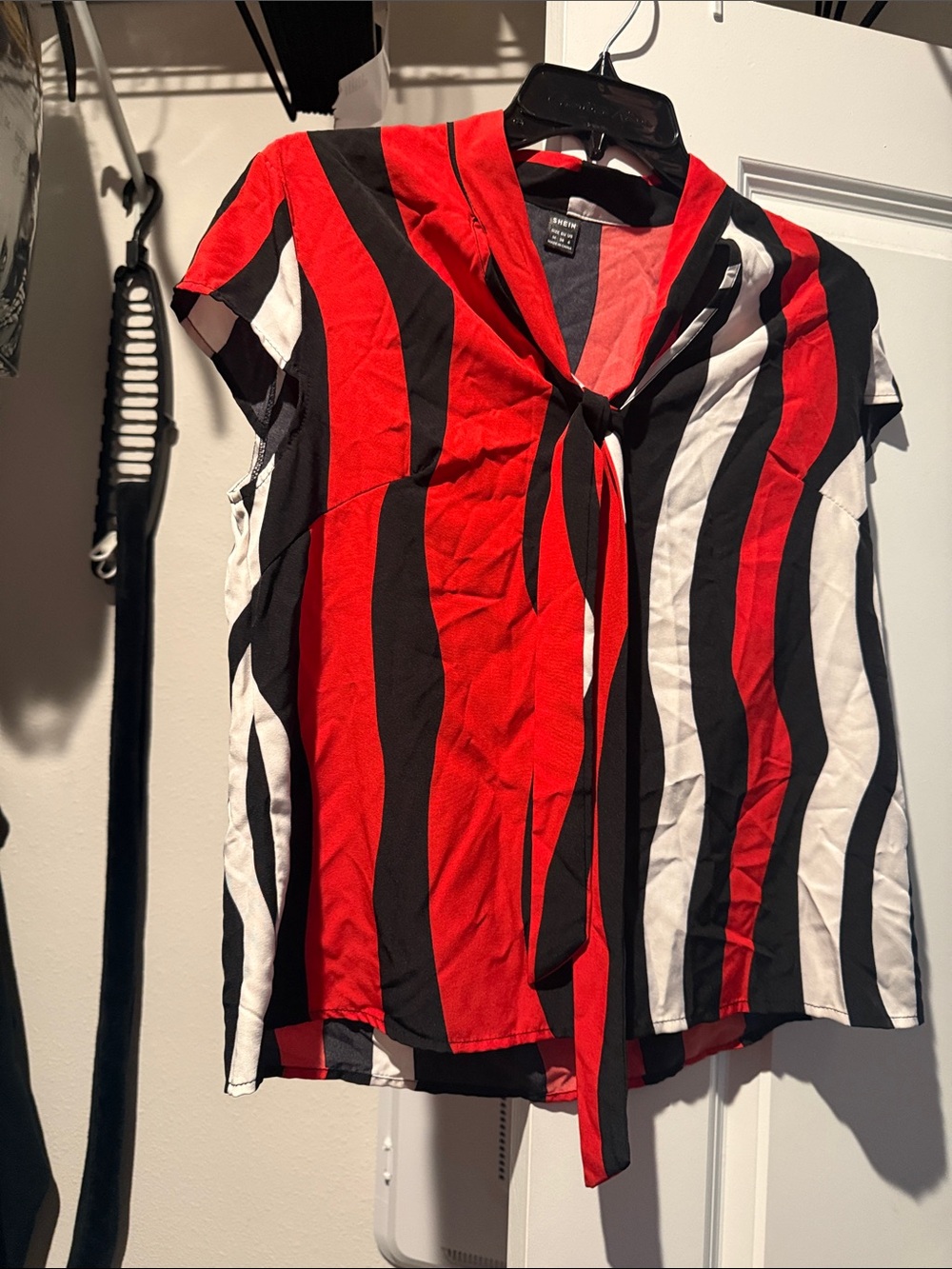 SHEIN Red, Black & White Vertical Stripe V-Neck Blouse